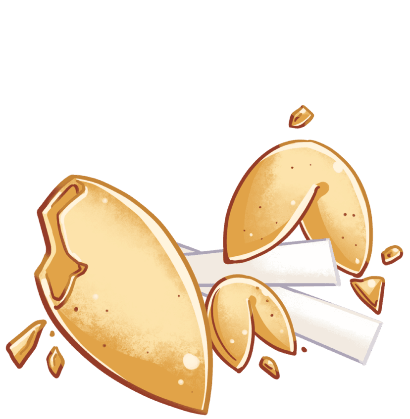 The right half of an open fortune cookie. There are additional crumbs.