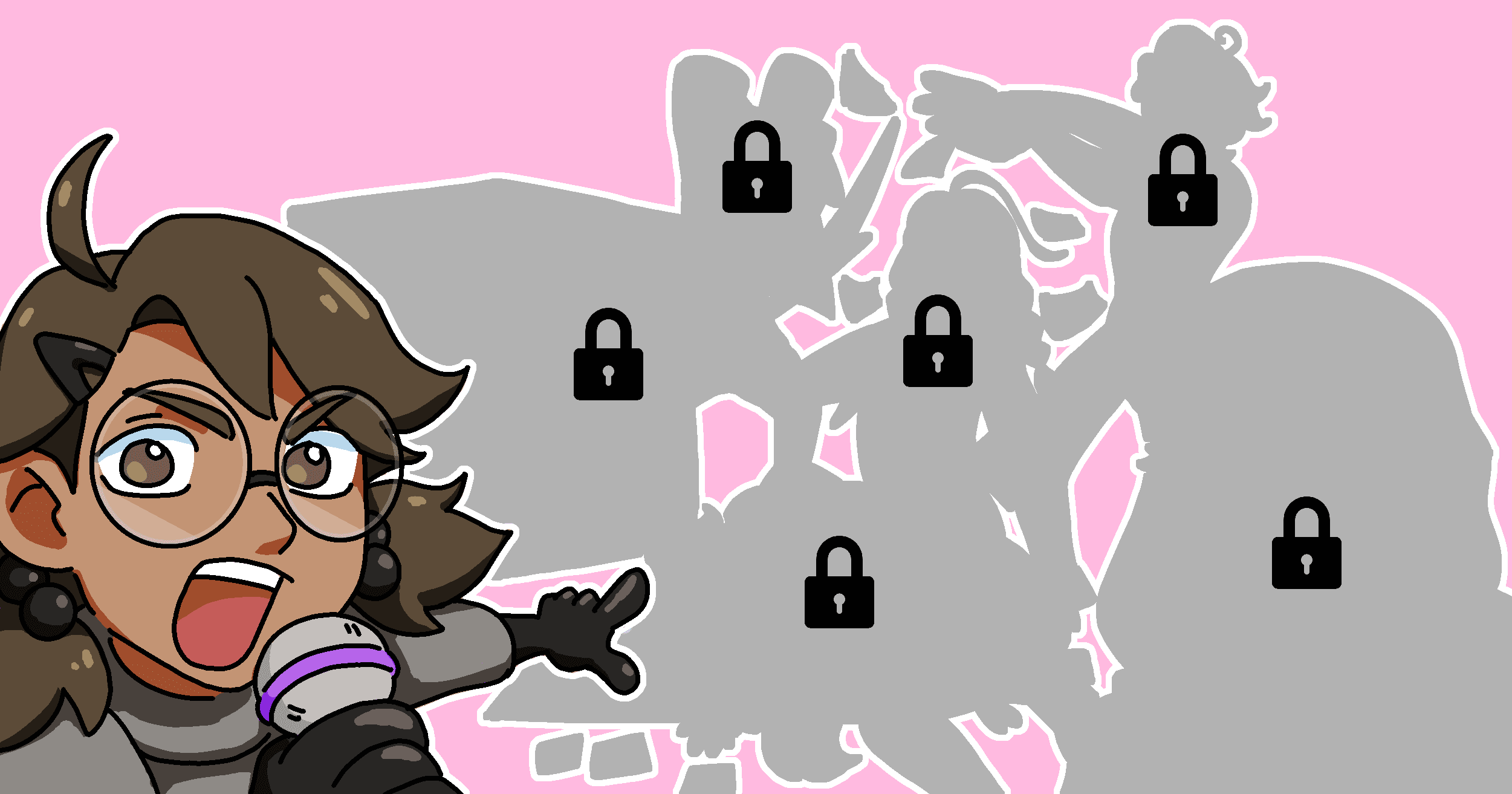 Boba-tan points towards mysterious silhouettes of unlockable characters and shouts intensely into a microphone. What stretch goals will be revealed next?